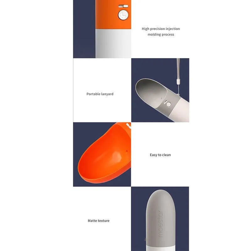 White and grey Moestar Rocket portable pet drinking cup with a one-button lock.