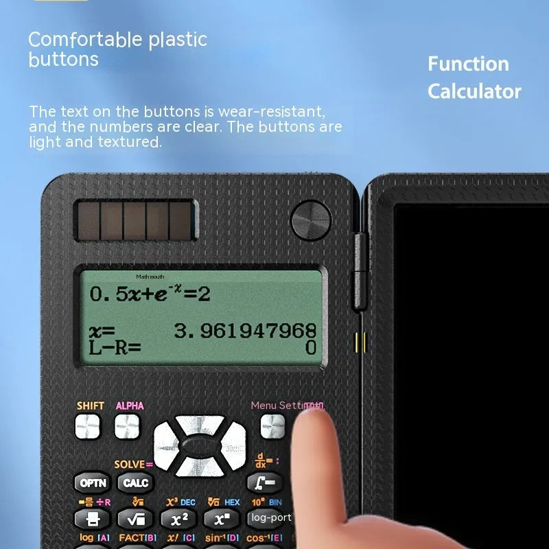 2-in-1 foldable scientific calculator with handwriting tablet in black ABS, showing LCD notepad and calculator keys
