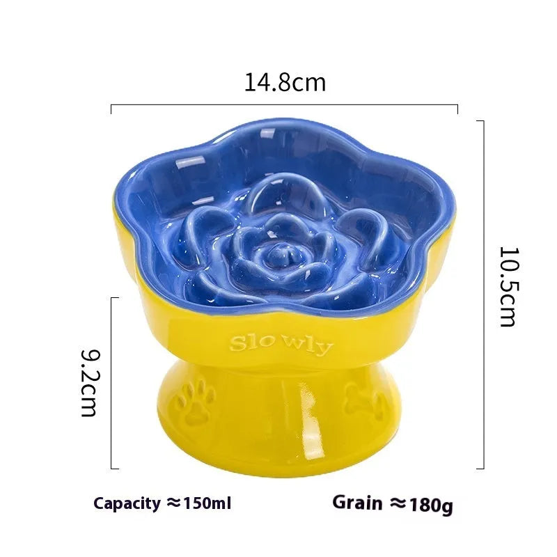 White ceramic pet bowl with a high foot base and wide, shallow eating area for dogs and cats