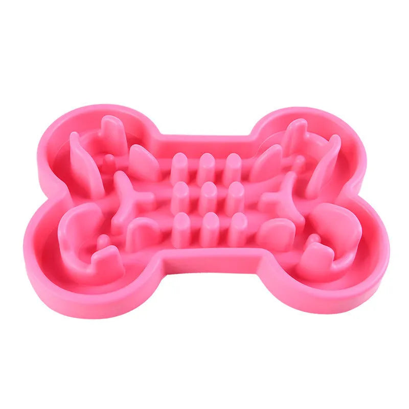 Bone puzzle silicone dog bowl slow feeder in blue with raised ridges for interactive feeding