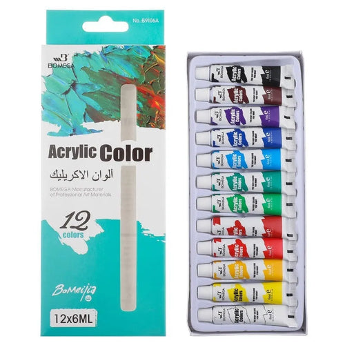 Set of 12 artist paint tubes for acrylic, gouache, watercolour, or oil painting in a box.