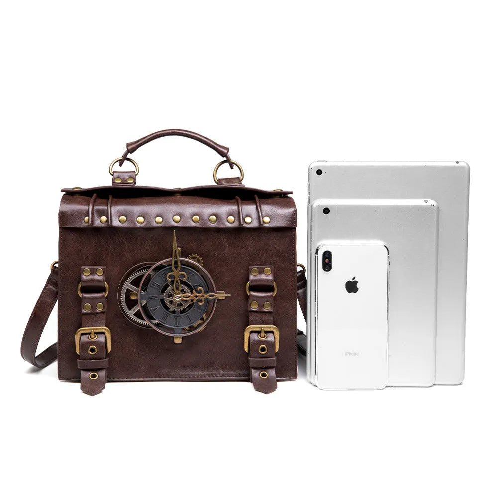 Bronze steampunk industrial retro style shoulder bag with pillow shape and metal hardware