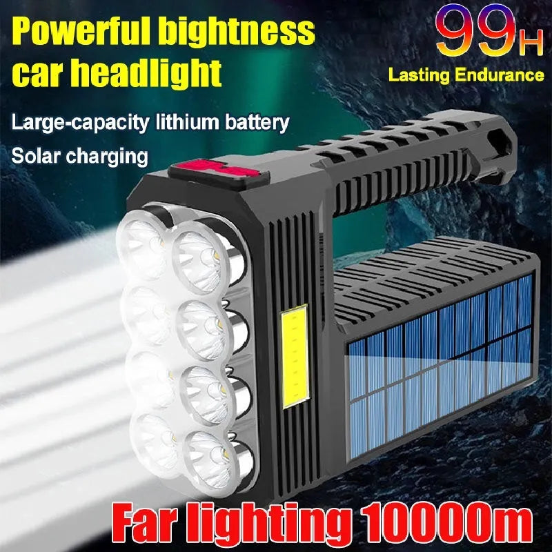 Solar rechargeable USB LED flashlight with 8 heads and side light COB, aluminium alloy body, 225g, four brightness modes