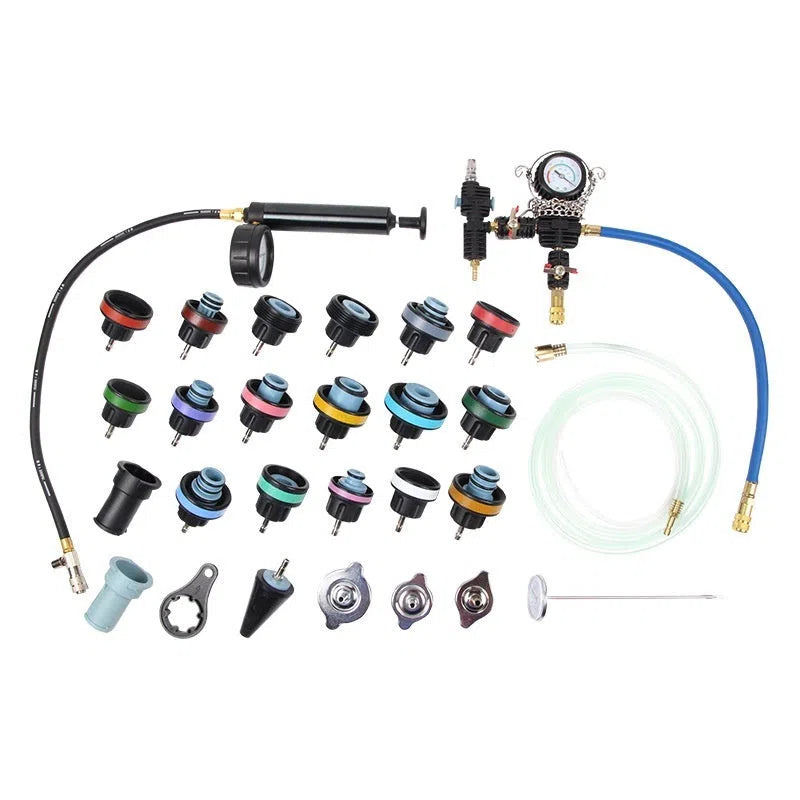 28-piece car water tank pressure leak detector set in a small blue box for car maintenance