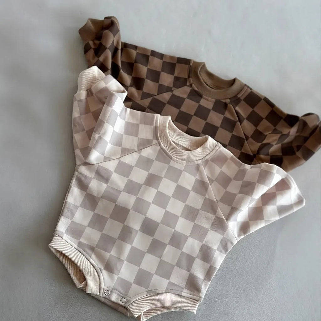 Baby one-piece cotton chessboard plaid pullover jumpsuit in brown plaid, long sleeve, unisex