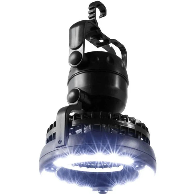 Camp fan lamp in ABS, 167 x 184 mm, with 18 white LEDs, top hook, and 2 D battery compartment
