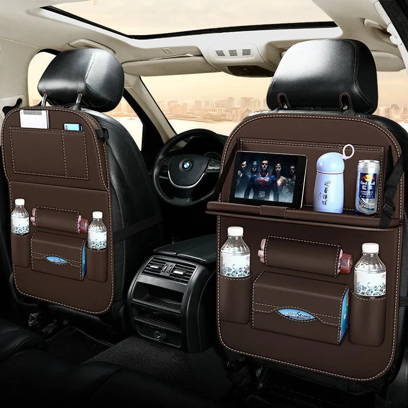 Hanging storage bag seat organiser in wear-resistant leather for car seat back with beige colour
