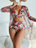 Women's three-piece printed bikini set with sunscreen shirt, bra, and shorts in multicolor pattern