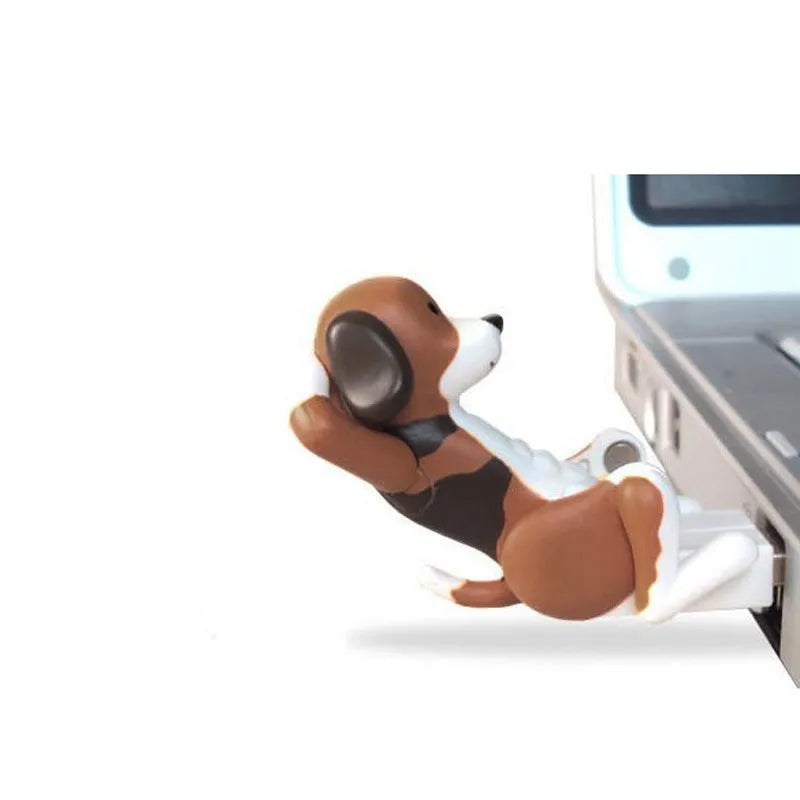 Brown USB-powered dog desktop toy, 60x30x60 mm, with USB connector, front view on white background