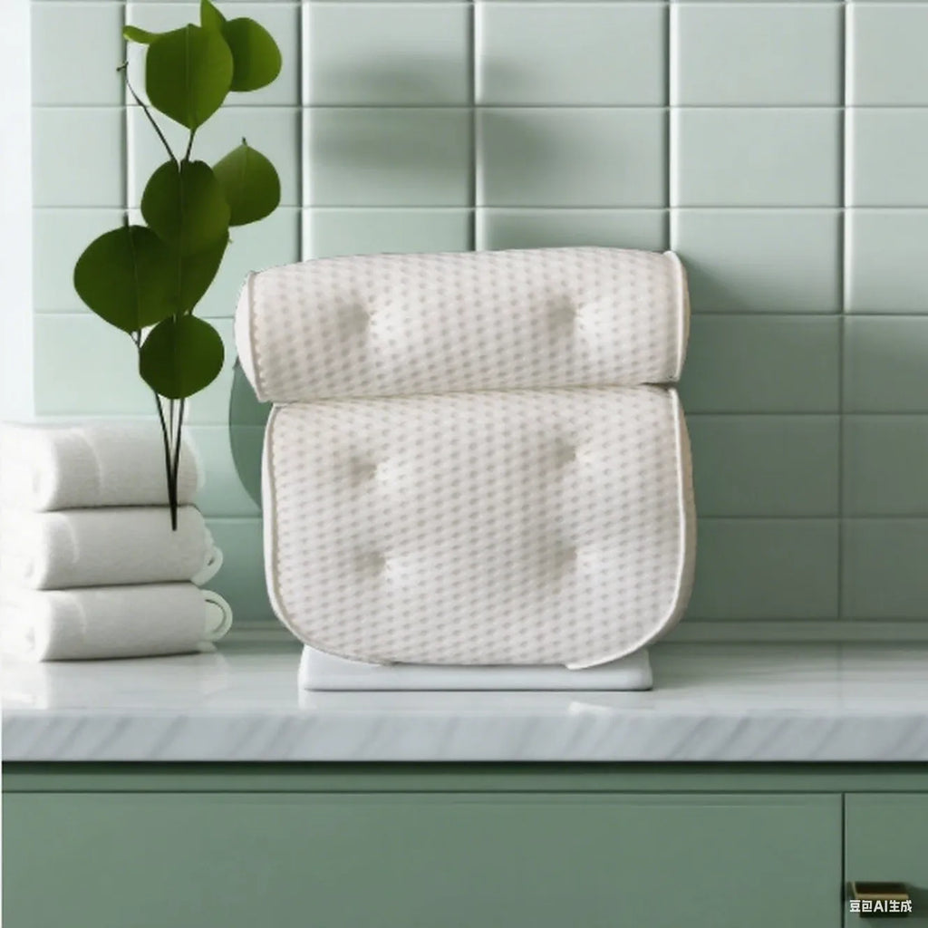 White bathtub pillow with 3D mesh fabric and suction cups on a tub surface.