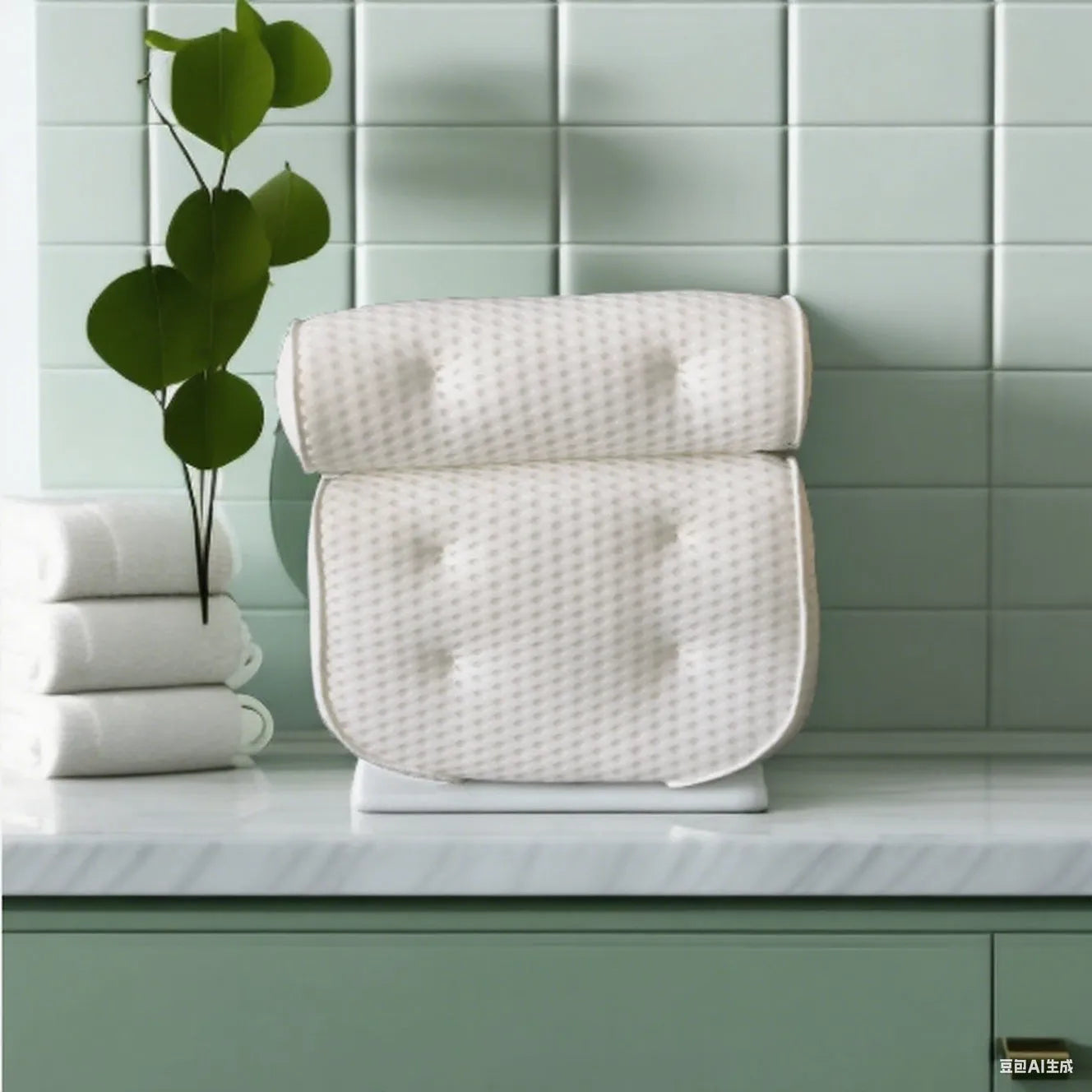 White bathtub pillow with 3D mesh fabric and suction cups on a tub surface.