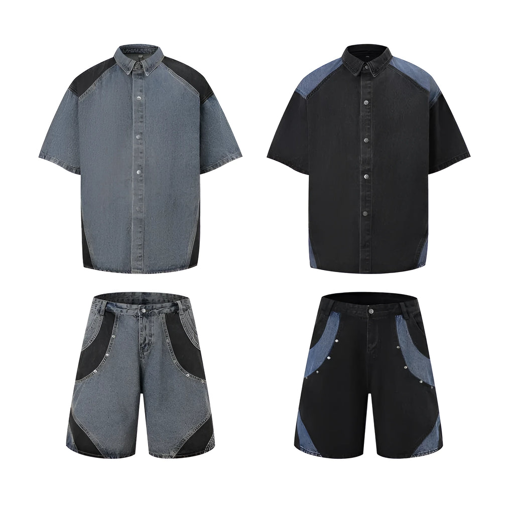 Retro washed denim suit for men with short sleeve shirt and matching trousers in blue.