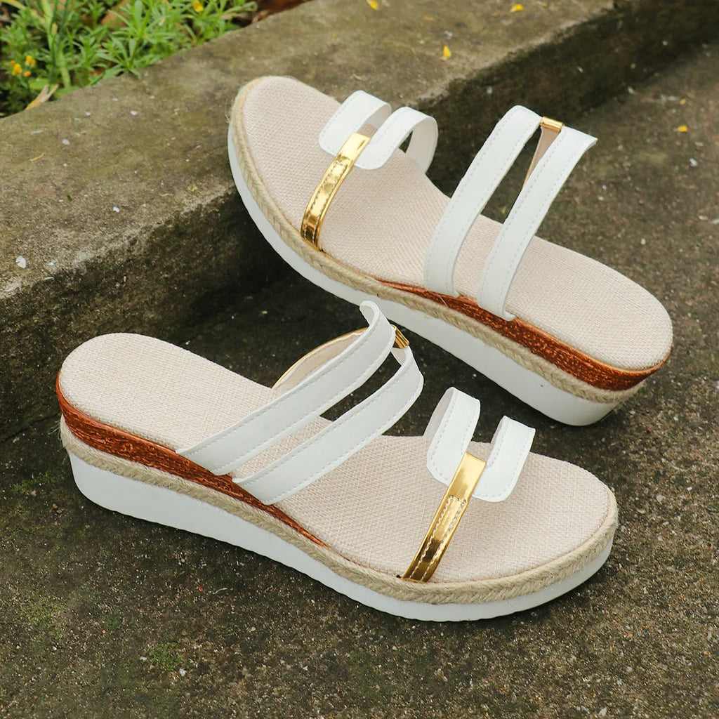 Women's colorblock-strap wedge sandals with hemp heel and PU upper, open toe