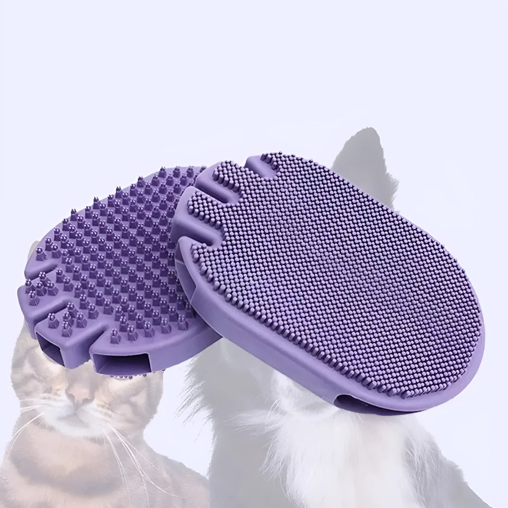 Purple dual-sided pet massage shampoo brush with soft TPR bristles for dog and cat grooming
