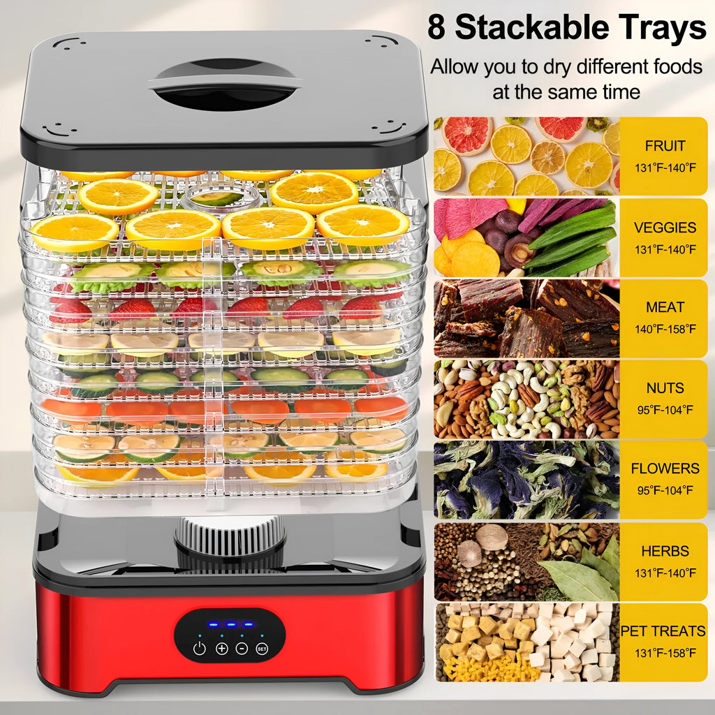 Silver and red food dehydrator with eight stainless steel drying trays, shown with storage dimensions.