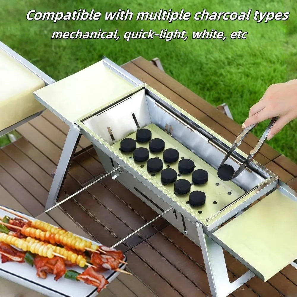 Small collapsible charcoal barbecue grill with folded legs, shown flat-packed.