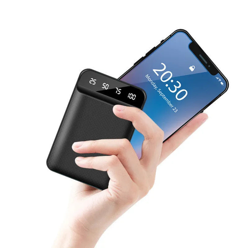 Compact mini power bank in black, showing multi-USB ports and slim 93mm x 63mm x 22mm dimensions.
