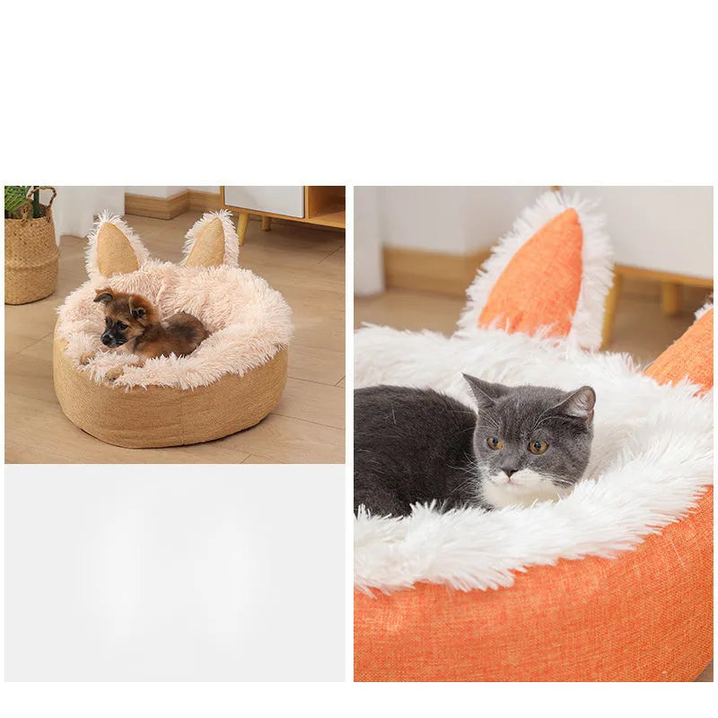 Round plush faux fur cat bed with raised sides in blue colour showing soft texture