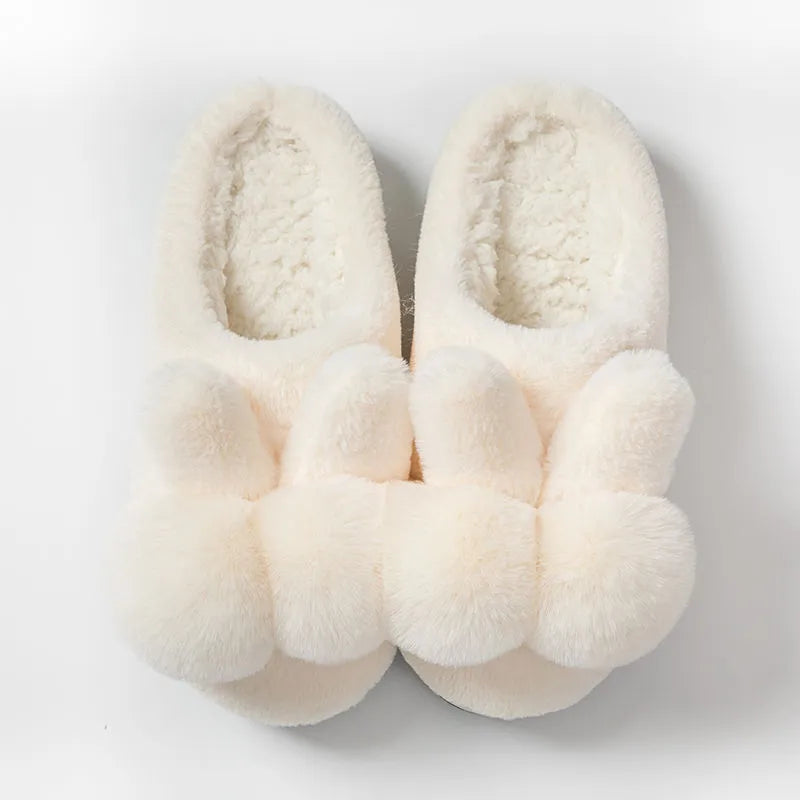Women's high-top bunny fluffy slippers in creamy white with a flower pattern and rabbit fur.