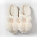 Women's high-top bunny fluffy slippers in creamy white with a flower pattern and rabbit fur.