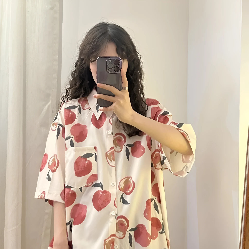 Summer Hong Kong style couple half sleeve flower shirt in 617 picture colour, loose fit, fruit pattern on polyester fabric