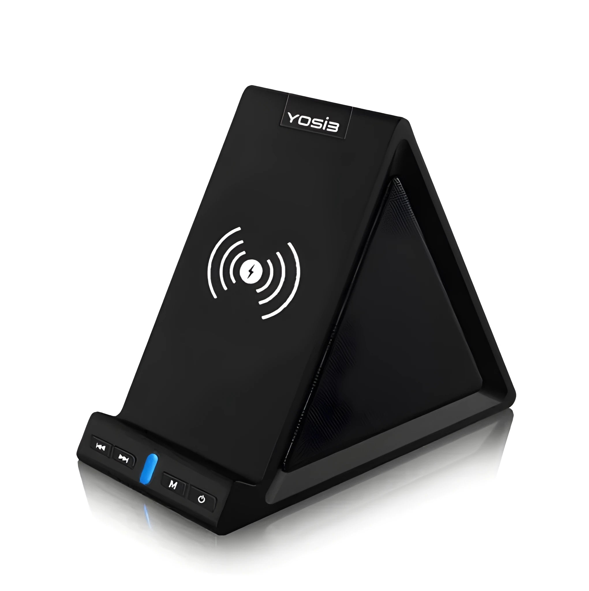 Black multifunctional Bluetooth speaker with integrated phone stand and wireless charging pad on top.