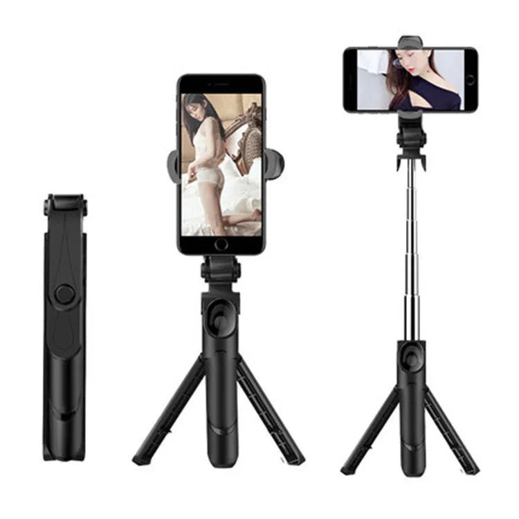 Bluetooth handheld selfie stick with wireless remote control in black and white, folded for portability