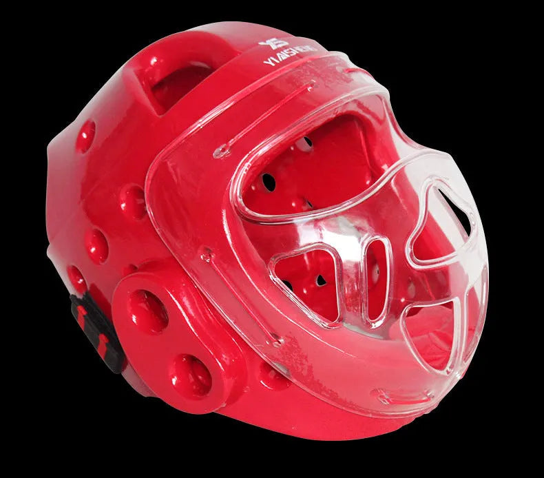 Karate boxing helmet for head protection, shown in white, blue, and red colour options.