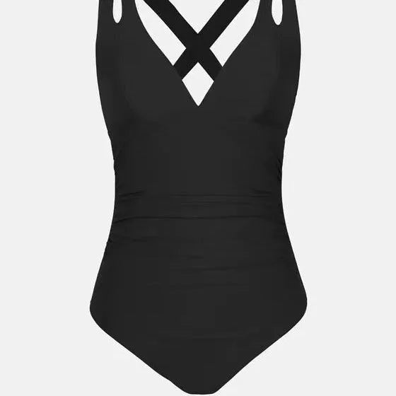 Solid colour one-piece swimsuit with triangle top and cross shoulder straps for women