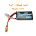 A 7.4V 1200mAh lithium battery for RC models measuring 15mm by 36mm by 70mm.