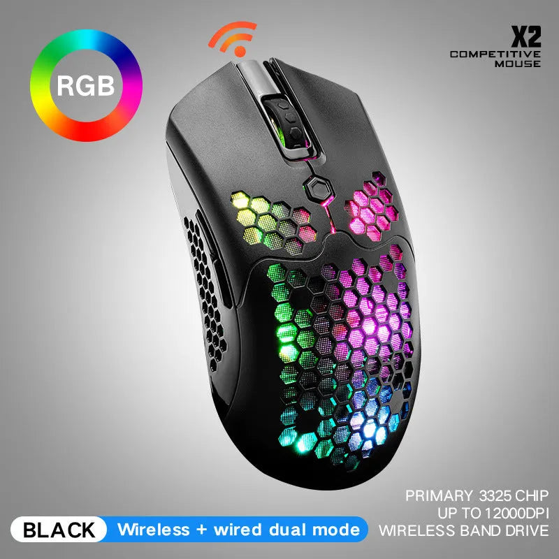 Free Wolf X2 wireless gaming mouse in black with RGB lighting lit, shown next to its USB-C cable and nano receiver.