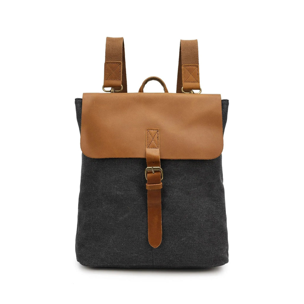 Crazy Horse Leather casual student backpack in waterproof canvas with splicing design