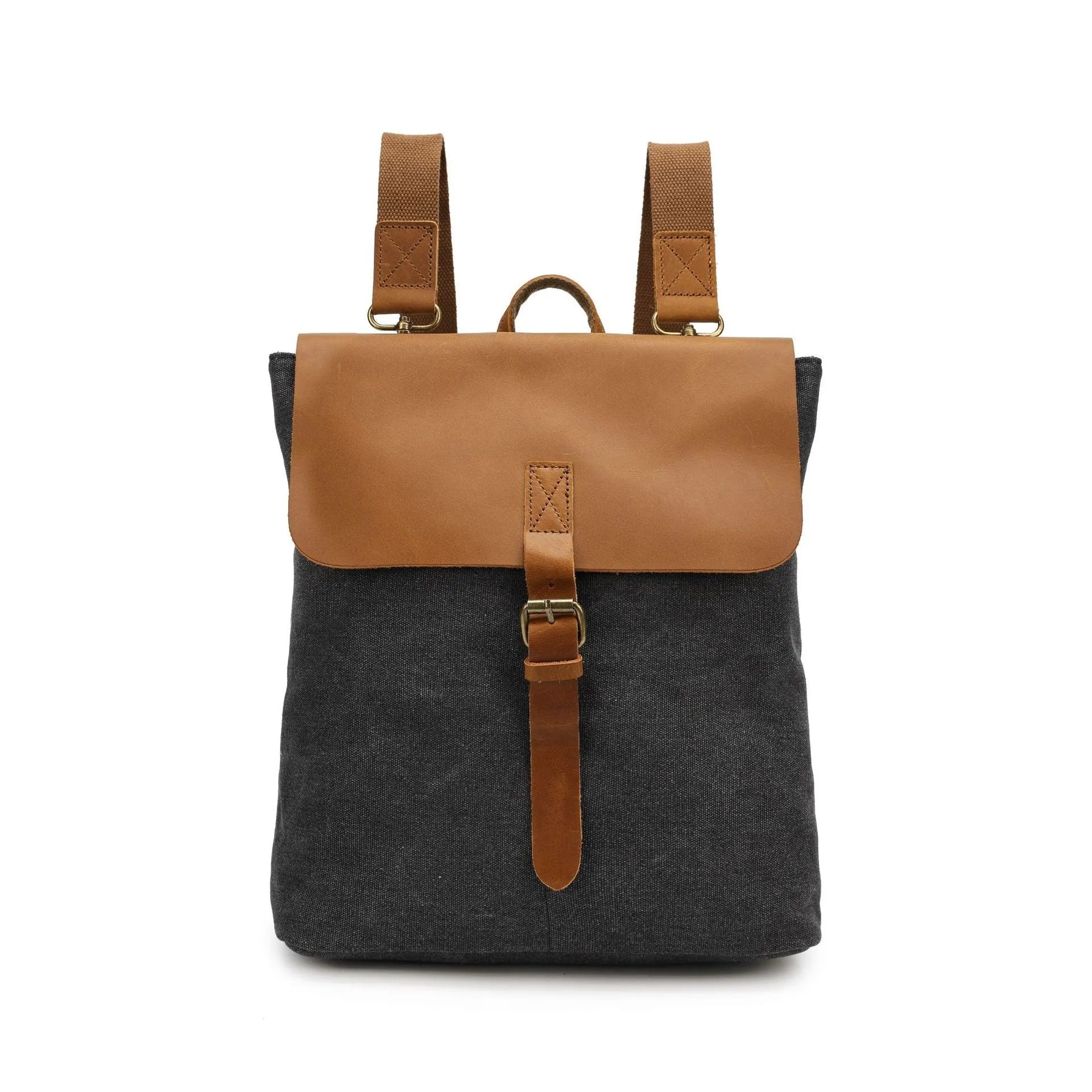 Crazy Horse Leather casual student backpack in waterproof canvas with splicing design