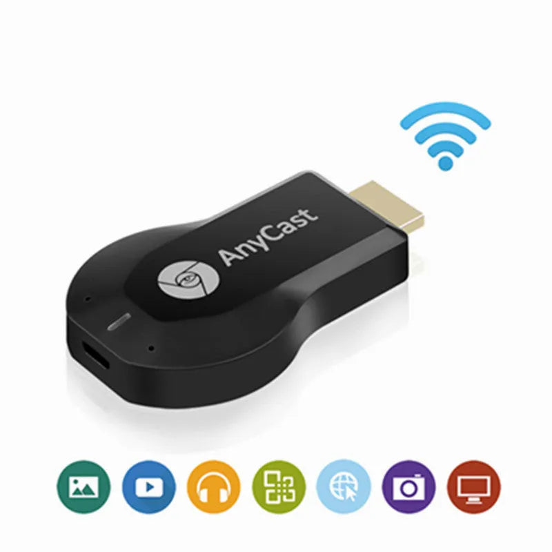 Small white wireless HDMI dongle receiver with USB cable for screen mirroring