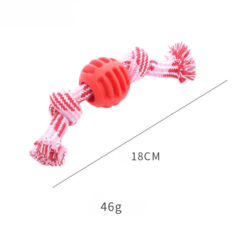 Blue molar-shaped dog chew toy with an integrated rope for dental care and play.