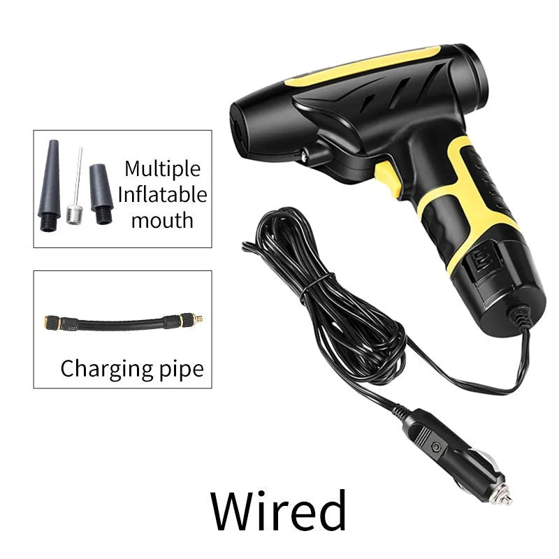 Wireless handheld air pump in black with LED light and pressure gauge, inflating a car tyre