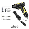 Wireless handheld air pump in black with LED light and pressure gauge, inflating a car tyre