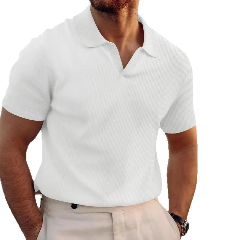 Men's slim fit summer T-shirt with waffle texture and lapels in black, grey, khaki, blue or white