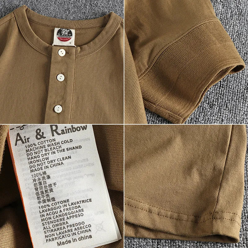 Men's pure cotton short sleeve Henry collar shirt in solid colour with straight fit, front view