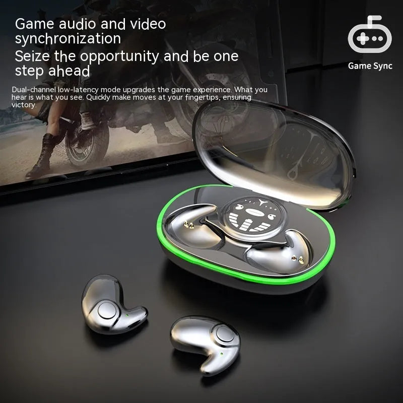 Ultra-thin sleep invisible Bluetooth earphone in black colour with charging compartment