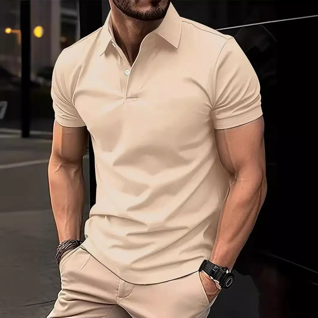 Men's slim fit solid colour short sleeve button shirt on a hanger.
