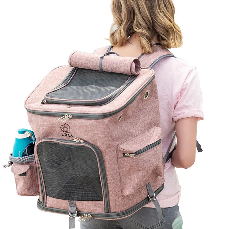 Transparent portable cat backpack pet bag in Oxford cloth with mesh windows and padded straps for small pets under 20 kg
