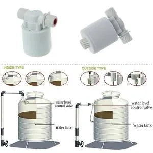 White automatic float valve with three thread sizes for purified water systems