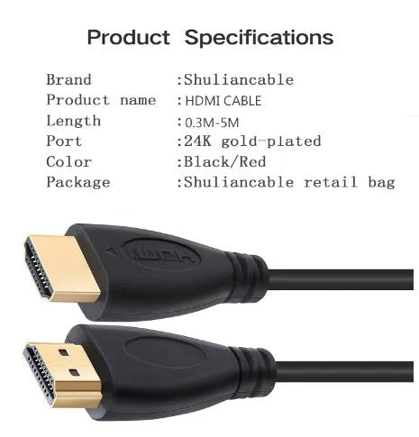 Gold plated HDMI cable with male connectors in multiple length options for 1080p and 3D devices
