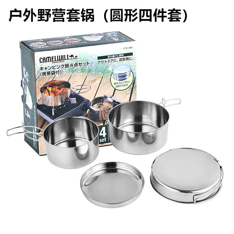 Silver stainless steel camping cookware set with four pieces for outdoor cooking