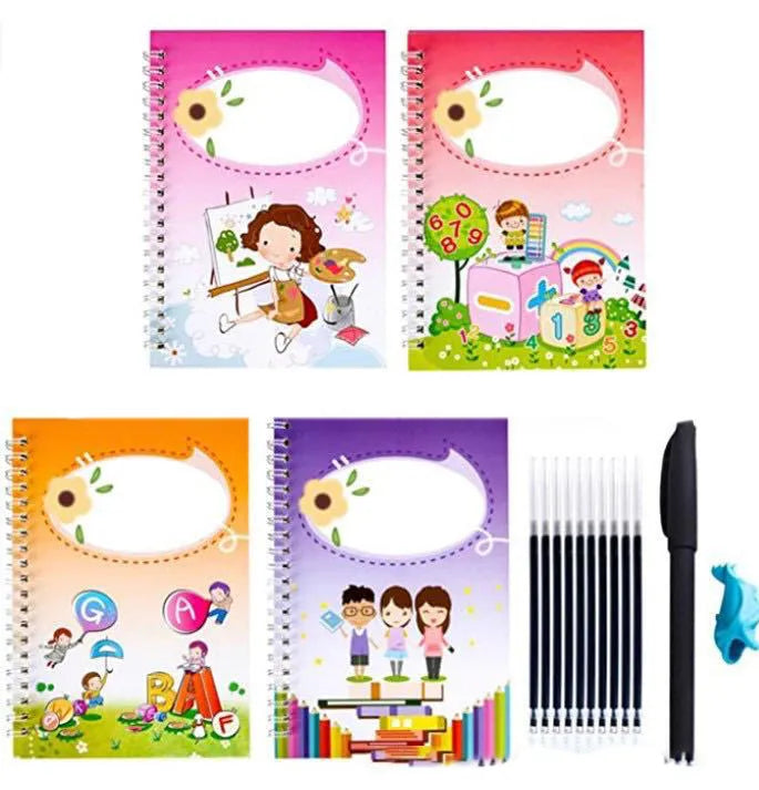 Hard cover magic writing practice book with self-erasing pages and included pen refills for calligraphy exercises