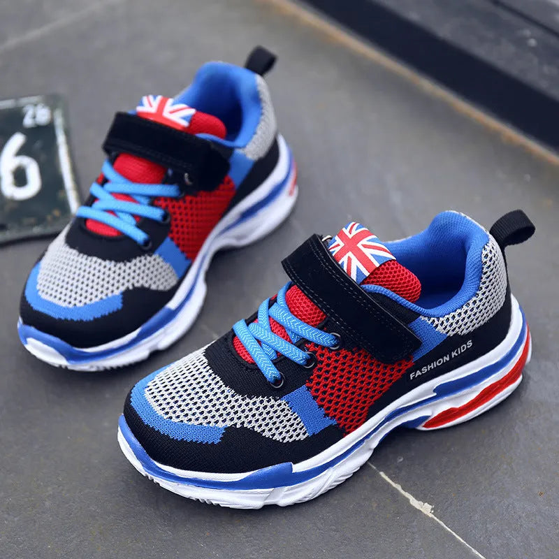Children's mesh breathable running shoes with Velcro fastening in Pink, Grey Orange, and Royal Blue Grey colours
