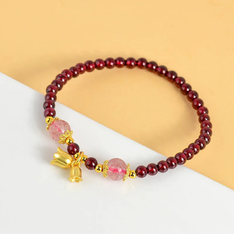 Chinese-style gourd bracelet with imitation garnet beads and Fu character symbols on U-shaped electroplated setting