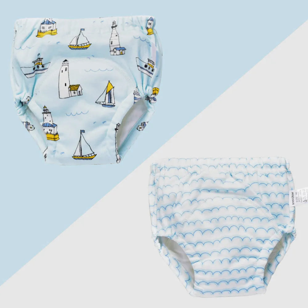 Baby training learning pants in cotton gauze with TPU waterproof layer, shown in panda print on white background