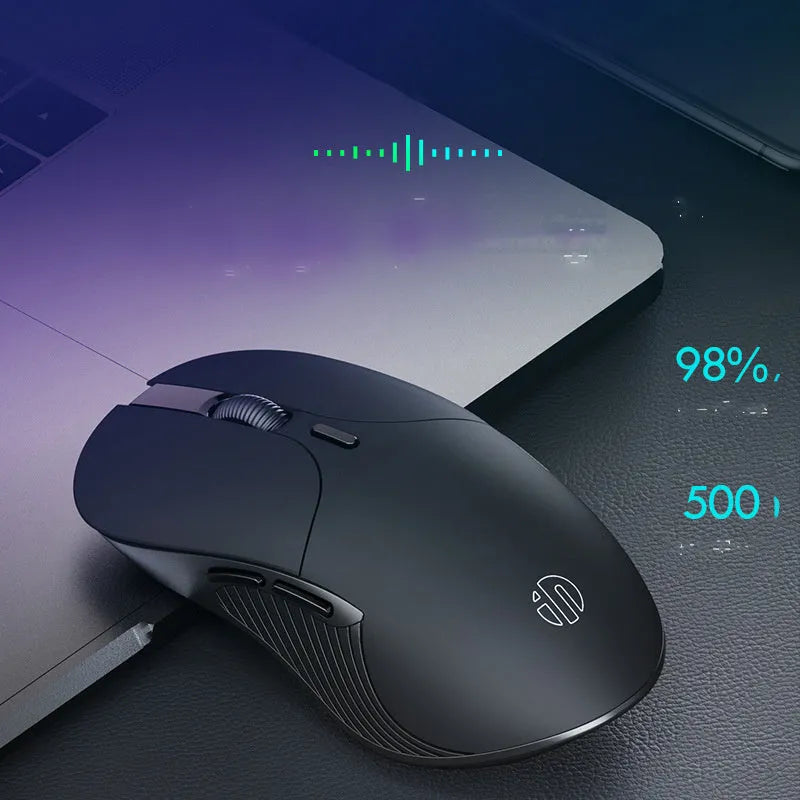 Black wireless voice mouse with six buttons showing compact dimensions of 123mm x 35mm x 65.5mm